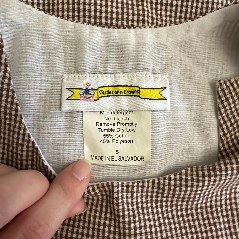 Castles and Crowns Gingham Monkey Dress girls Size 5 Brown‎ Pink